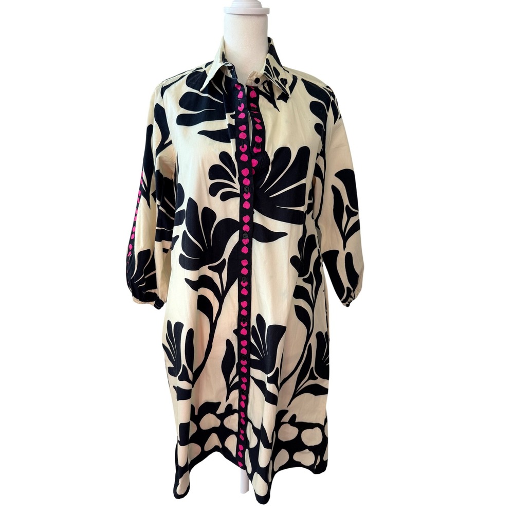 MAUDE VIVANTE Cream Black Floral Retro Mod Artsy Puff Sleeve Shirt Dress Size XS - Picture 2 of 10